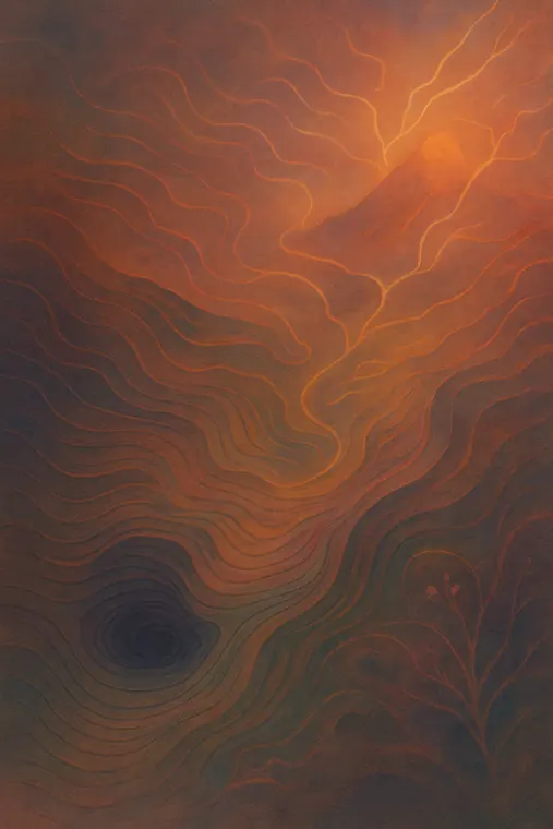 Red and orange turbulence in fine contour lines, with a single dark eye