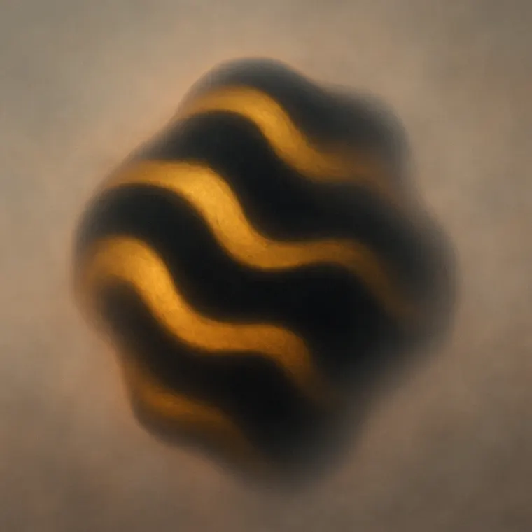 A blurred knot of amber and black, smeared like a wave folded in on itself