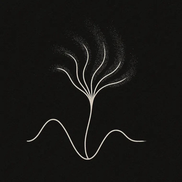 The same wave and lotus in a thin white line, dispersing into dust