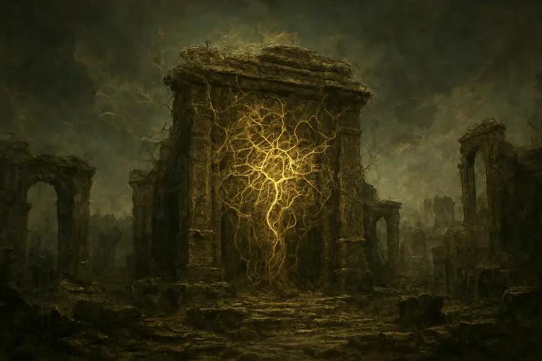 A glowing glyph set into the wall of a collapsed temple