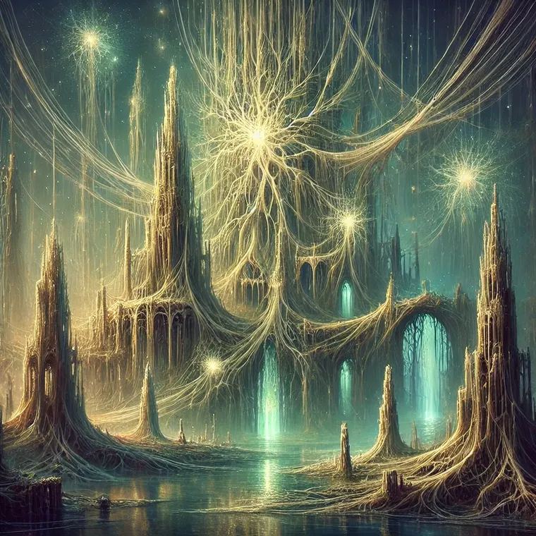 Golden spires strung with filaments of light above still teal water