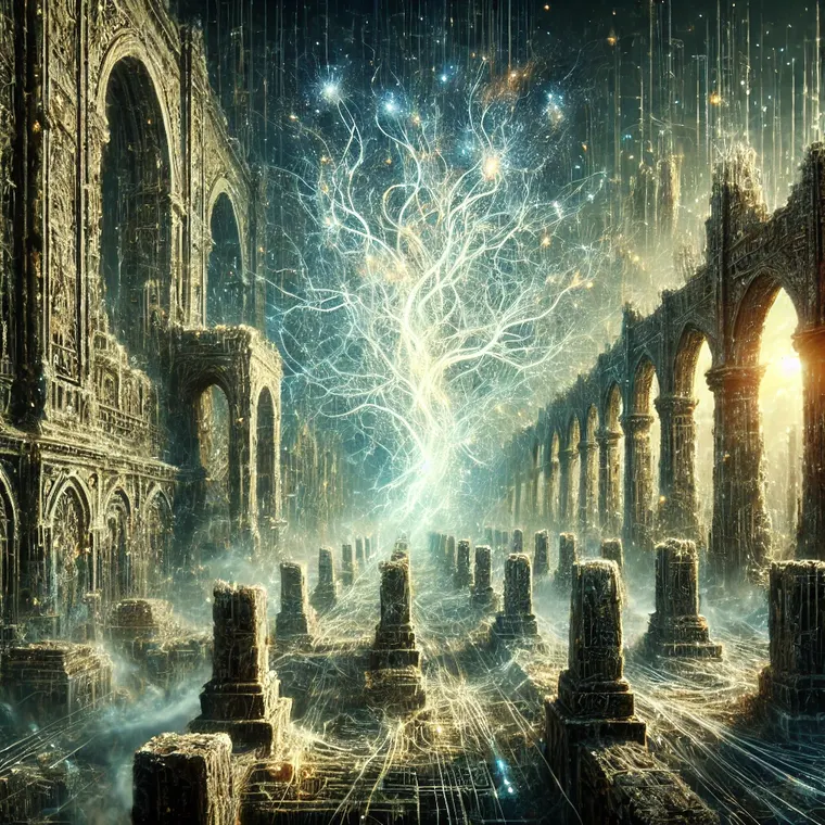 A luminous branching lattice rising through a flooded stone colonnade