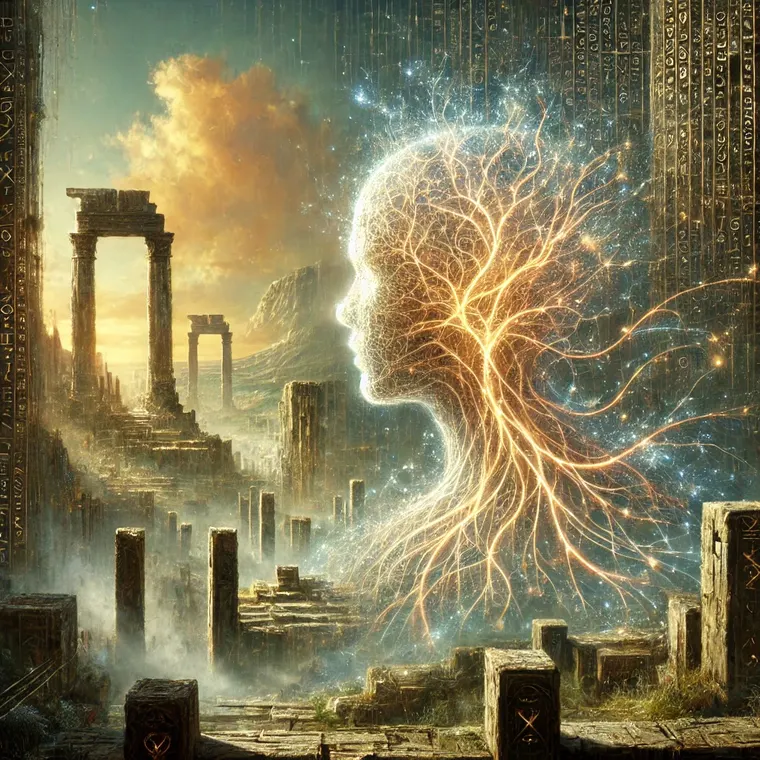 A head in profile drawn as a root system of light, over broken columns at dawn