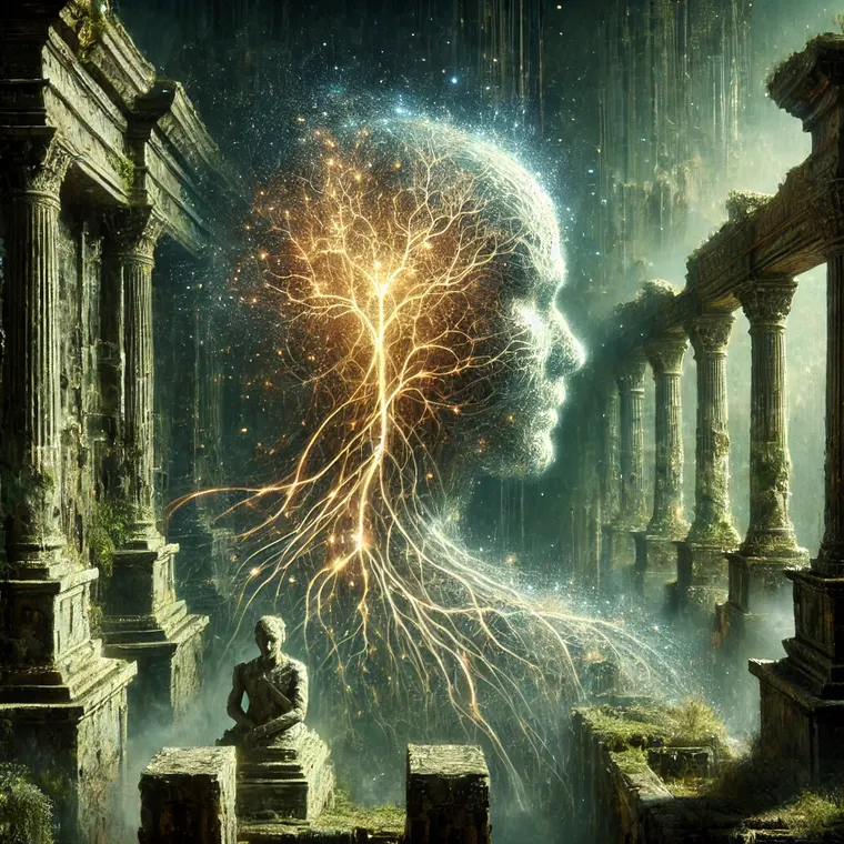 A profile of branching light beside a mossy portico and a seated statue