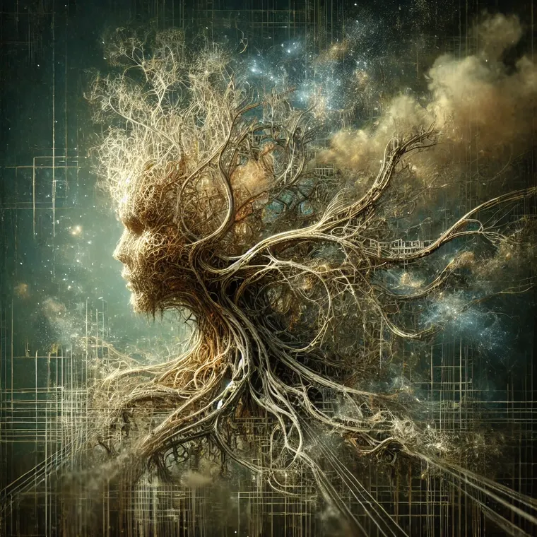 A head dissolving into roots and branches against a starfield and circuit grid