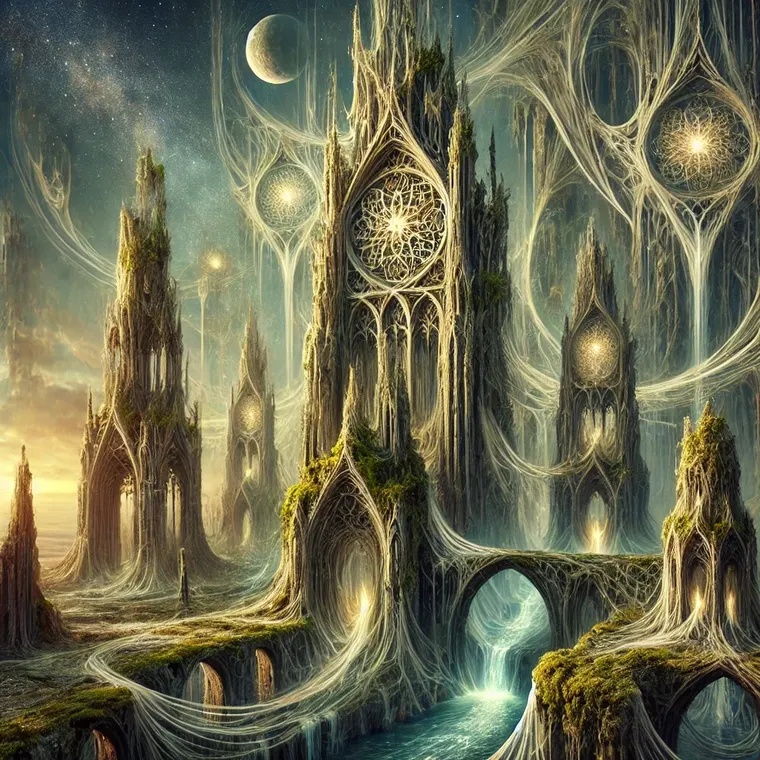 An overgrown cathedral city of glass and stone, threaded with rose windows
