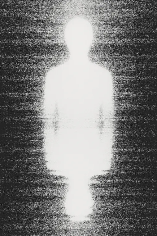 A human silhouette burned white into a field of television static
