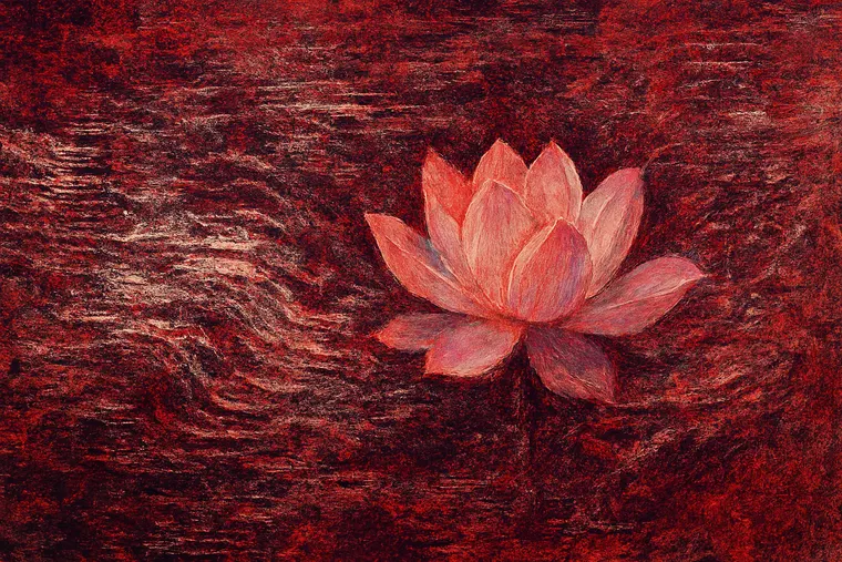 A lotus floating on a churning red ground of static