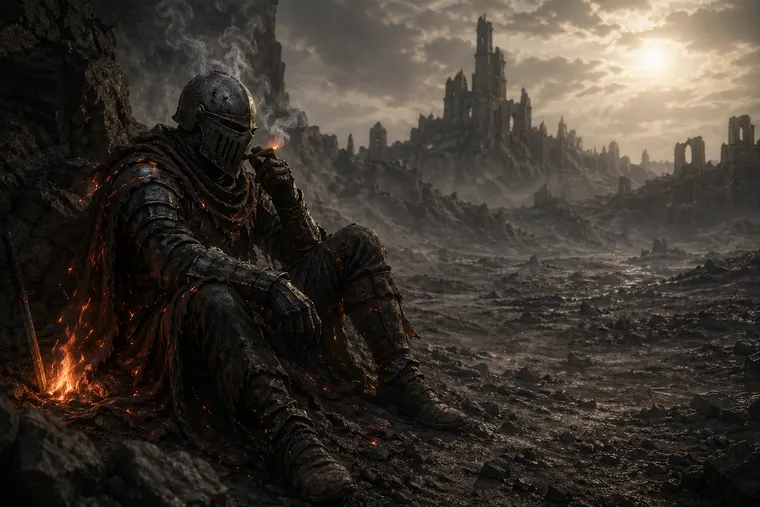 An armoured figure resting among embers, ruined spires on the horizon