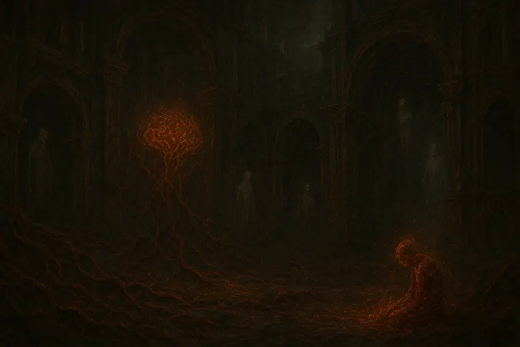 A dim cathedral interior, one small figure and a faint tree of light