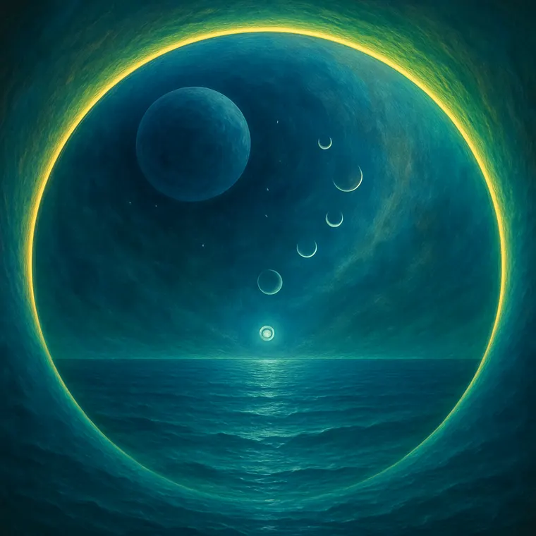 An eclipse ring over a teal sea, smaller moons descending toward the water