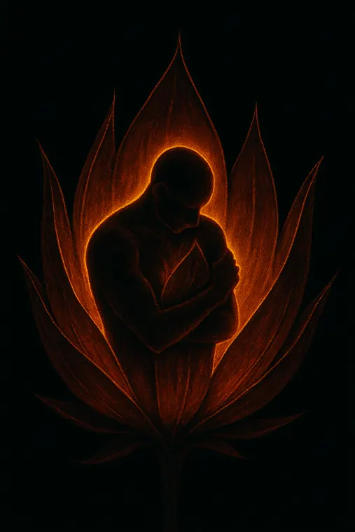 A figure curled inside a lotus drawn in thin lines of fire