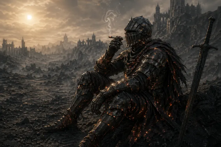 A knight in ember-cracked plate sitting out a cigarette over a burnt plain, sword planted beside them
