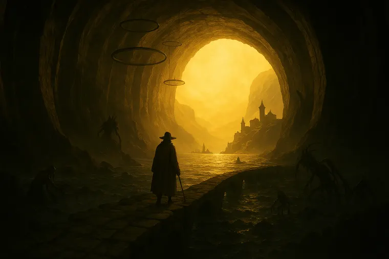 A lone figure walking toward a distant lit city at the mouth of a tunnel